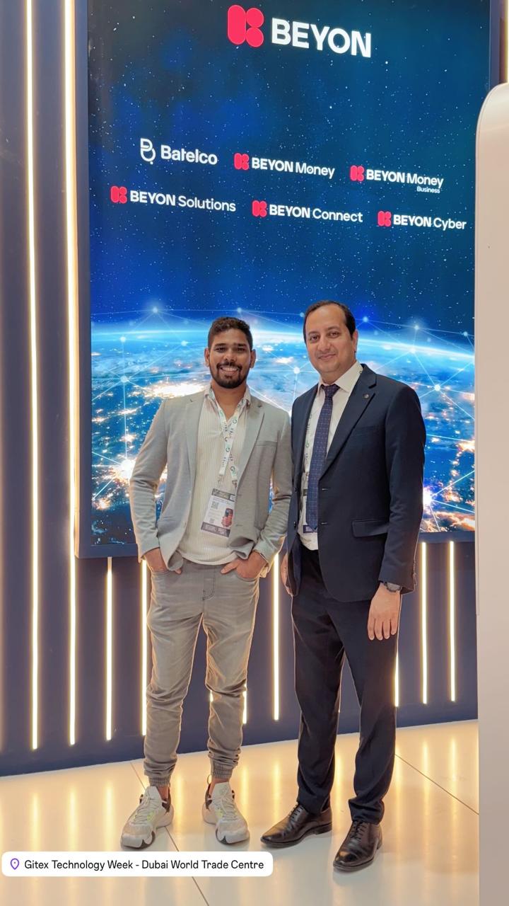 Umar with colleague at GITEX Technology Week — Beyon stand, Dubai World Trade Centre